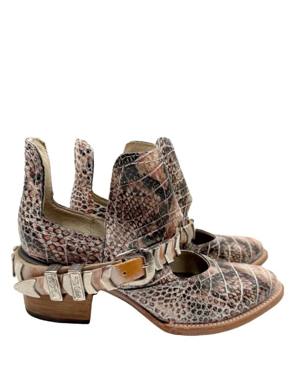 FREEBIRD by Steven Pink Blade Croc Embossed Studded Block Heel Ankle Bootie